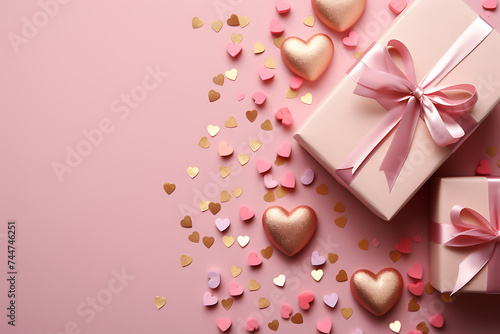 Layout for the holiday of Valentine's Day, gift, confetti and hearts, on a pink background with copy space © Rana