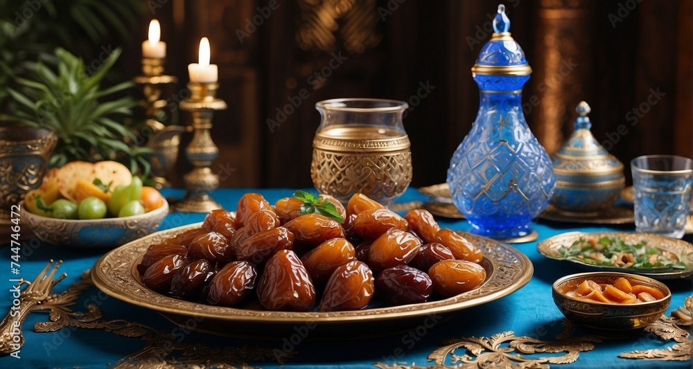 Explore the cultural richness of iftar with an ultra-realistic image, highlighting the traditional elements such as the ornate tableware, the arrangement of dates and water-Ai Generative
