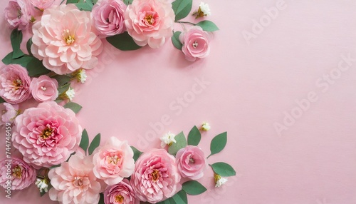 pastel pink paper flowers frame on pink background copy space for text © Deven