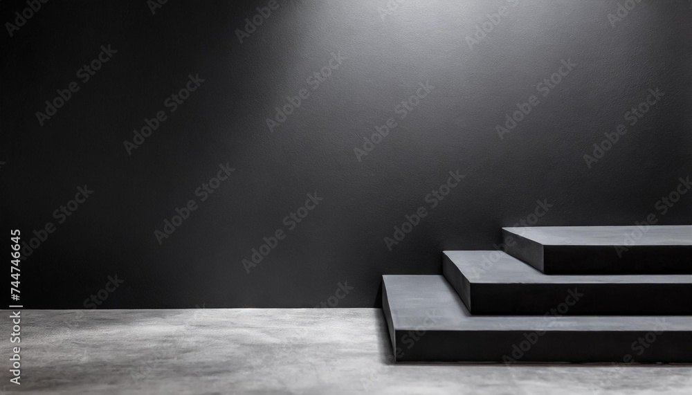 black geometric wall in empty studio space dark abstract background for product placement brand template design - obrazy, fototapety, plakaty 