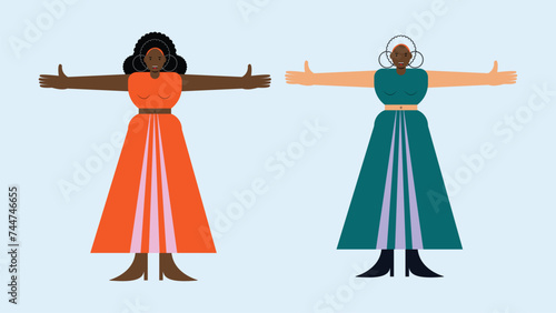 Design of three joyous women in casual and work-wear according to different seasons. Coat and the wrap-around come off revealing a waistcoat and camisole respectively. Hair is interchangeable.
