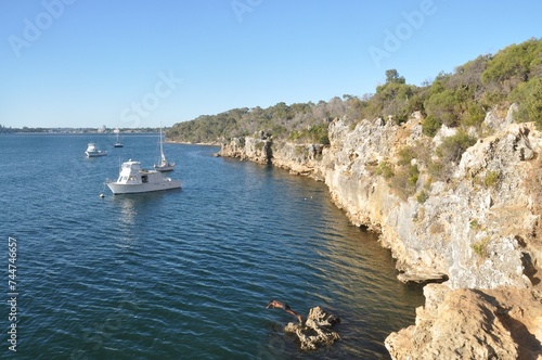 View of the Swan River from the cliffs of Blackwall Reach at Point Walter Reserve, Western Australia. A man jumping into the water.