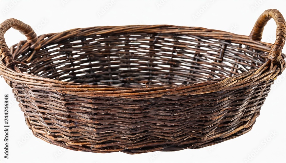 dark brown round wicker basket with high handle isolated