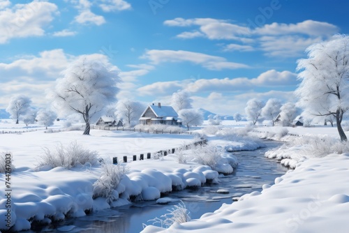 A snowy scene featuring a stream running through the landscape with a house in the background