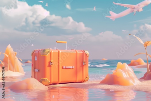 Suitcase mockup of travel floating on isolated background. plane leisure touring holiday summer concept. cartoon minimal. 3d rendering illustration