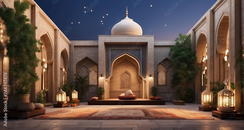 Showcase the beauty of a mosque courtyard with ultra-realistic precision, capturing the arrangement of Ramadan lanterns, lush greenery, and prayer mats, creating a serene and inviting-Ai Generative
