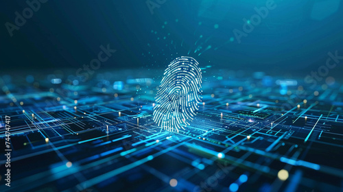 Biometrics identity verification symbolized by a singular stylized fingerprint against a seamless digital background ar 169 photo