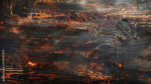 Blackened wood texture with smoldering areas perfect for showcasing spicy and grilled food products with ample copy space
