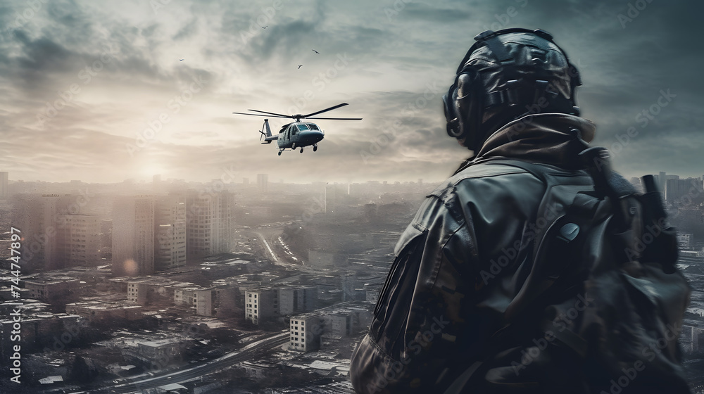  a soldier in a soldier's uniform looks out to the city with an army helicopter flying overhead - obrazy, fototapety, plakaty 