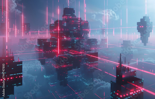 Cybersecurity shields protecting a blockchain network visualized as a digital fortress floating in cyber space minimalist