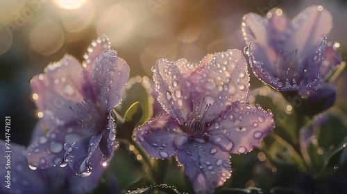 A close-up of dew-covered spring flowers, each droplet reflecting the morning sun, showcasing the delicate beauty and intricate details of nature's springtime renewal, high resolution, realistic, full