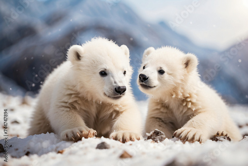 a pair of white bear cubs in the snow