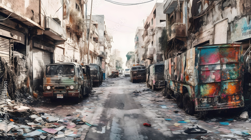 Fototapeta premium an empty street with a rubbled area and trucks on the street