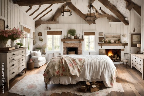 A farmhouse-style bedroom with distressed wood furniture, floral prints, and a cozy fireplace. The space feels both charming and welcoming