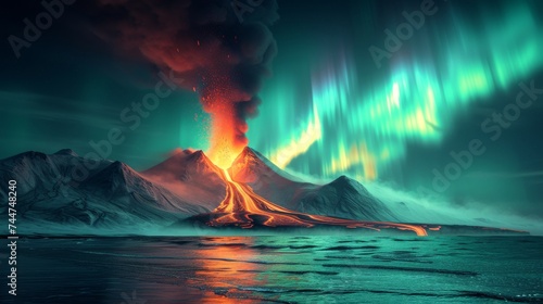Epic Scene of a Volcanic Eruption with Aurora Borealis Illuminating the Sky Above
