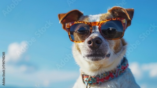 A humorous dog is celebrating while wearing festive birthday sunglasses © ArtCookStudio