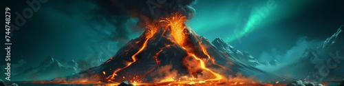 Panoramic View of a Fiery Volcano Erupting Under the Northern Lights
