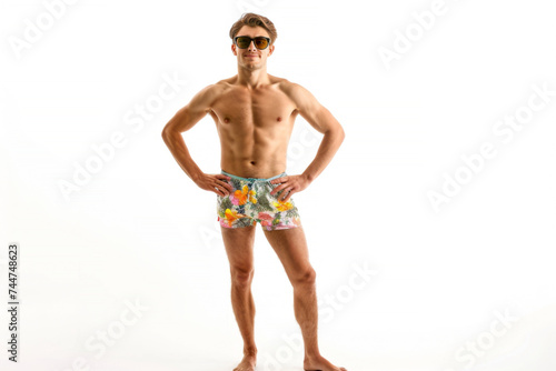 Portrait happy man with summer swim suit isolated on white background for realax at beach on vacation  travel and holidays vacation concept.