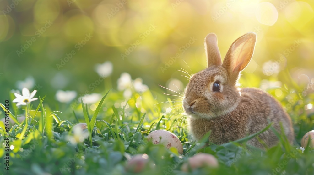 Beautiful bright Easter background with the Easter bunny in the green grass Beautiful bright Easter background with the Easter bunny in the green grass
