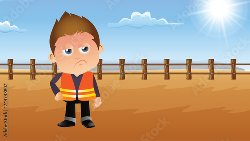 Young worker crawling through desert. Tired, exhausted and sweaty male character. Side view. Flat vector illustration template.
