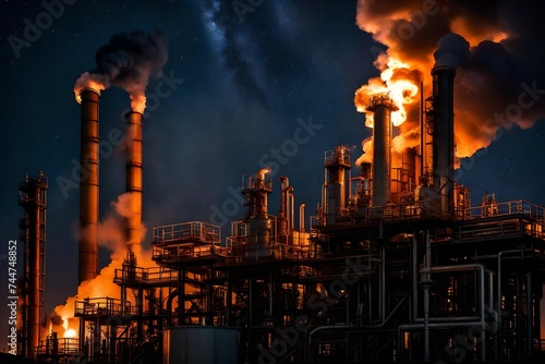 The intricate details of a refinery's flare stack, emitting flames against the night sky, representing the controlled burning of excess gases.