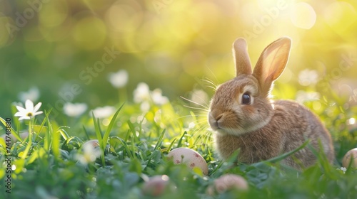 Beautiful bright Easter background with the Easter bunny in the green grass © ArtCookStudio