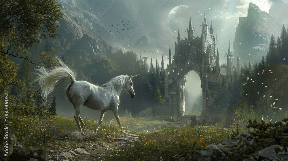 Unicorn galloping towards a mystic portal with the Elven kingdoms spires visible through the gateway - obrazy, fototapety, plakaty 