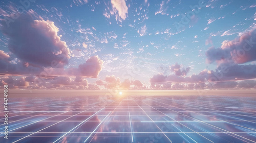 Virtual reality landscape a sparse digital grid under a vast sky conveying boundless virtual possibilities ar 169