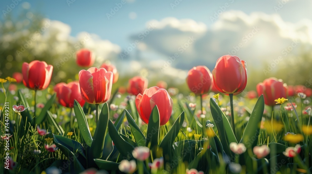 Fototapeta premium Easter eggs and tulips in a meadow