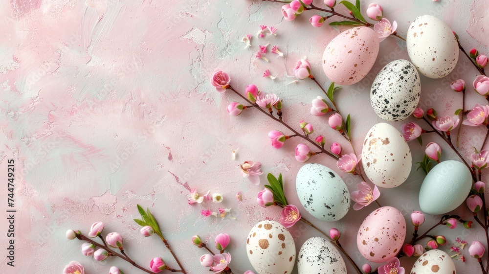 Easter eggs and flowers on a pastel background with ample copy space. Easter eggs and flowers on a pastel background with ample copy space.