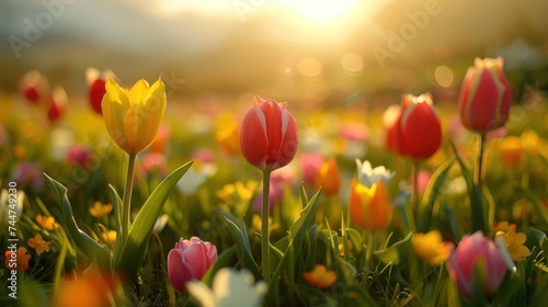 Easter eggs and tulips in a meadow