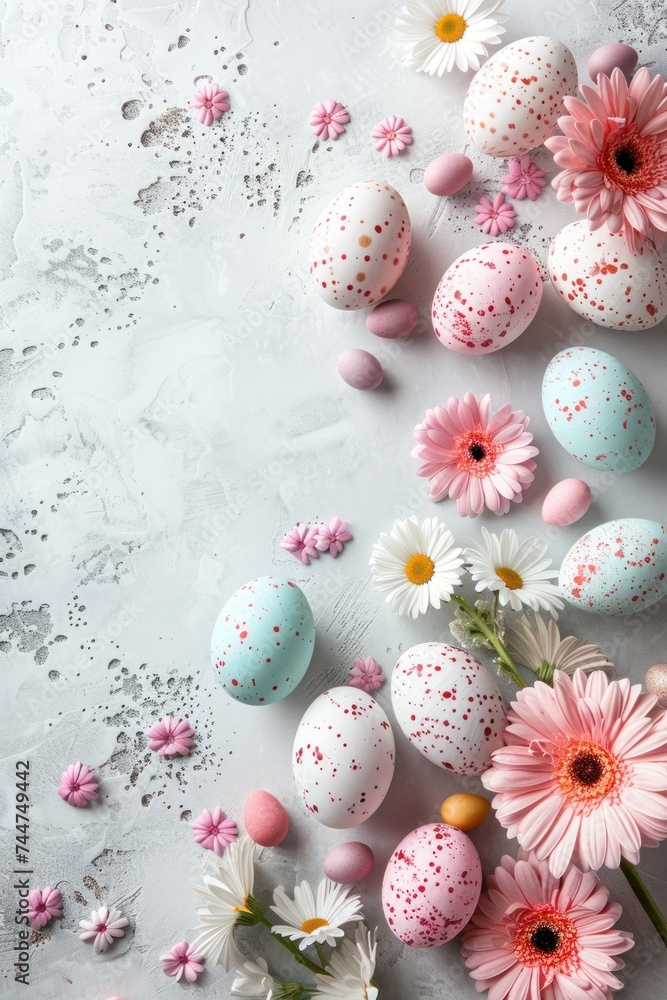 Minimalistic bright Easter background with colorful eggs and flowers and plenty of space for text