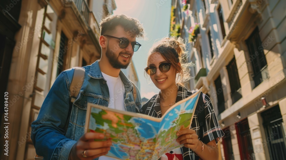 A young couple smiles while navigating through city streets with a paper map, enjoying their urban adventure.