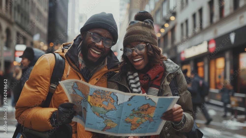 A couple in winter attire is joyfully discovering the city together, reading a map and exploring new places on a cold day.