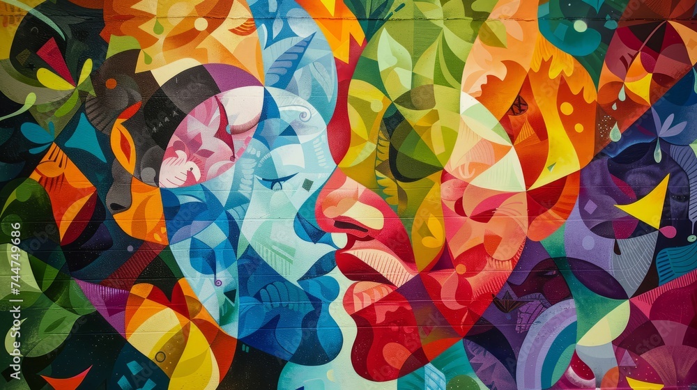A colorful mural featuring abstract representations of human faces, showcasing the diverse and vibrant nature of street art.