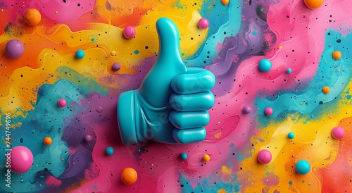 
Hand in bright paint with thumb up. Abstract painting background with approval or like gesture.
Concept: positive assessment, support and optimism in social media photo