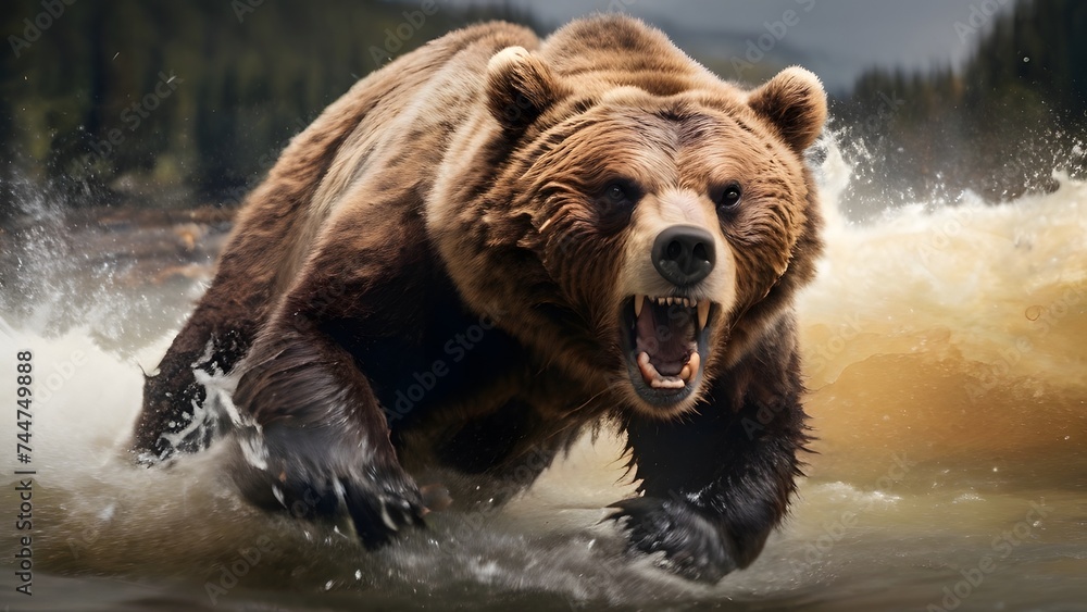 brown bear in the lake attacking, angry attacking bear in water running towards brown bear in the lake attacking, angry attacking bear in water running towards