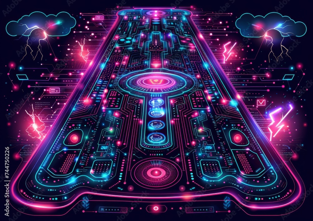 Neon cyberpunk pinball machine layout with vibrant electronics and futuristic design, appealing for arcade games and digital entertainment graphics