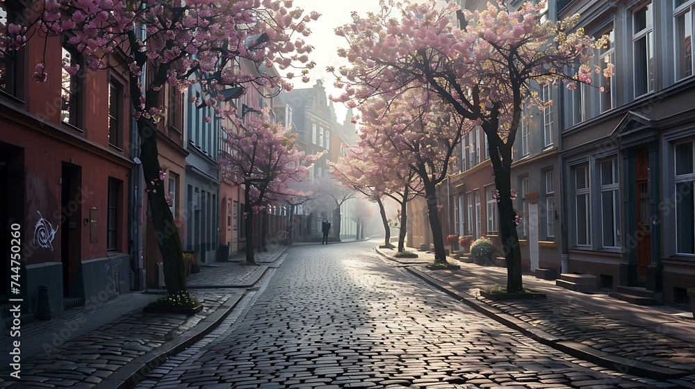 A historic cobblestone street in early spring, lined with blooming cherry blossoms, the architecture reflecting the early morning light, a scene devoid of people
