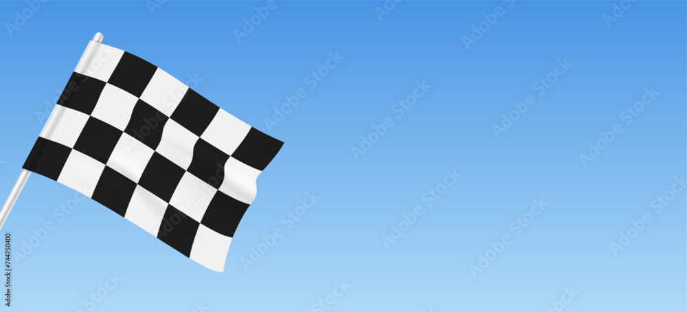 Checkered racing flag hanging on a blue sky background with copy space, symbolizing the start or finish of a motor race event, vector illustration.
