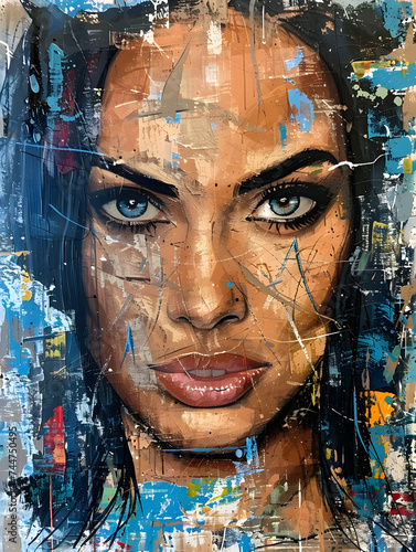 An artistic abstract portrait of a woman with striking blue eyes, set against a backdrop of vibrant graffiti.
