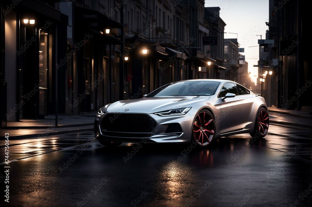 Fototapeta premium 3D rendering of a brand-less generic concept car in the city