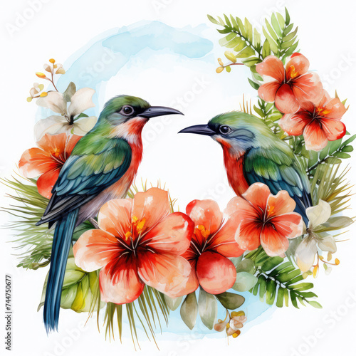 watercolor tropical summer frame with birds flower clipart  Generative Ai