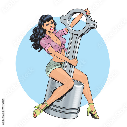 Pin up woman sitting on a piston isolated, car or motorcycle engine repair service vector illustration