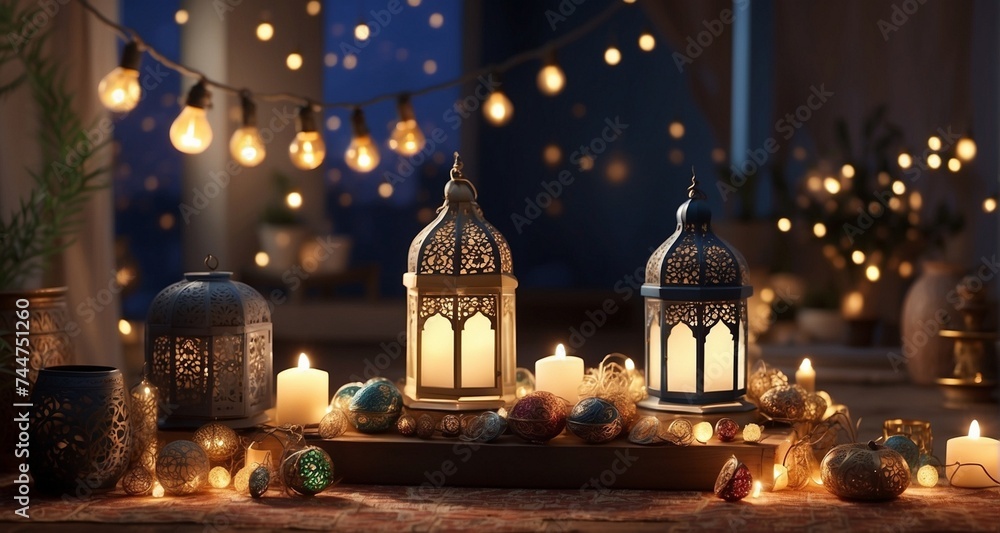 Craft an animated sequence illustrating the transformation of a space through the placement of Ramadan decorations, with ultra-realistic precision capturing the gradual illumination -Ai Generative