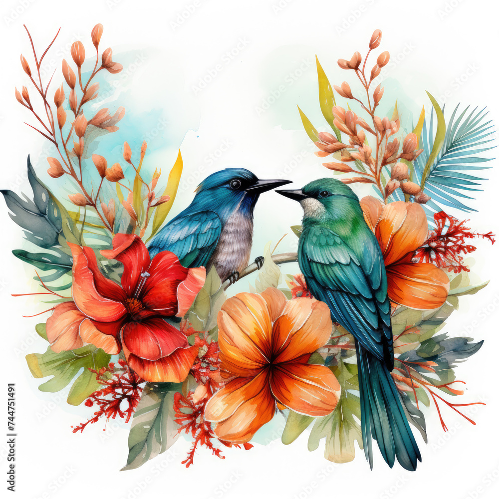 Obraz premium watercolor tropical summer frame with birds flower clipart, Generative Ai