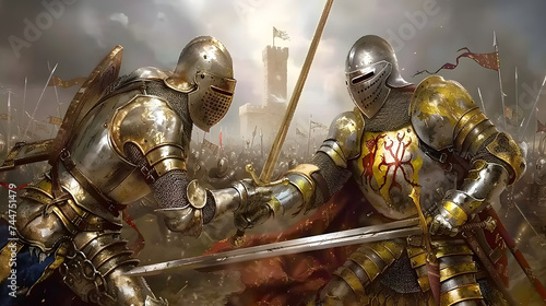 Two armored medieval knights engage in a close combat duel on a misty battlefield, with the chaos of war around them. 