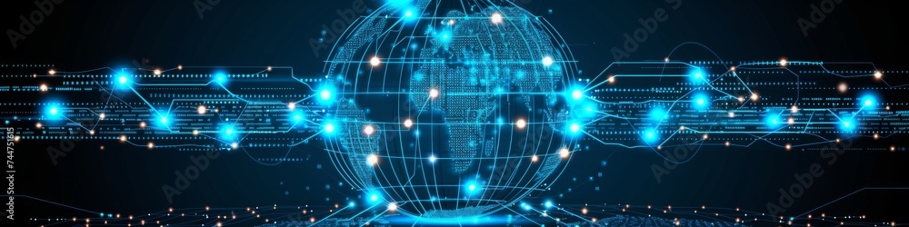 Panoramic Digital Globe with Network Connections Symbolizing Internet, Global Communication, and Technology Panoramic Digital Globe with Network Connections Symbolizing Internet, Global Communication, and Technology