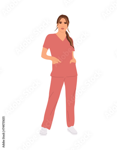 Young attractive nurse. Pretty girl medic worker in peach uniform scrub. Cartoon female character vector realistic illustration isolated on transparent background.