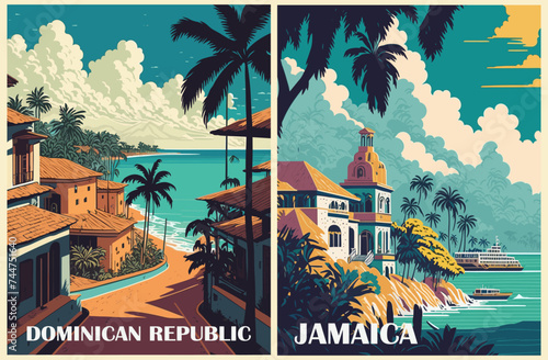Puerto Plata, Dominican republic, Montego Bay, Jamaica Travel Destination Poster set in retro style. Tropical summer vacation, exotic holidays concept. Vintage vector colorful illustration scene. photo